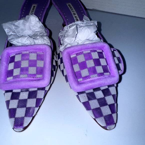 Manolo Blahnik Maysalebi Purple Check Kitten Heel Mule Pumps 37.5=7.5 - Picture 3 of 6